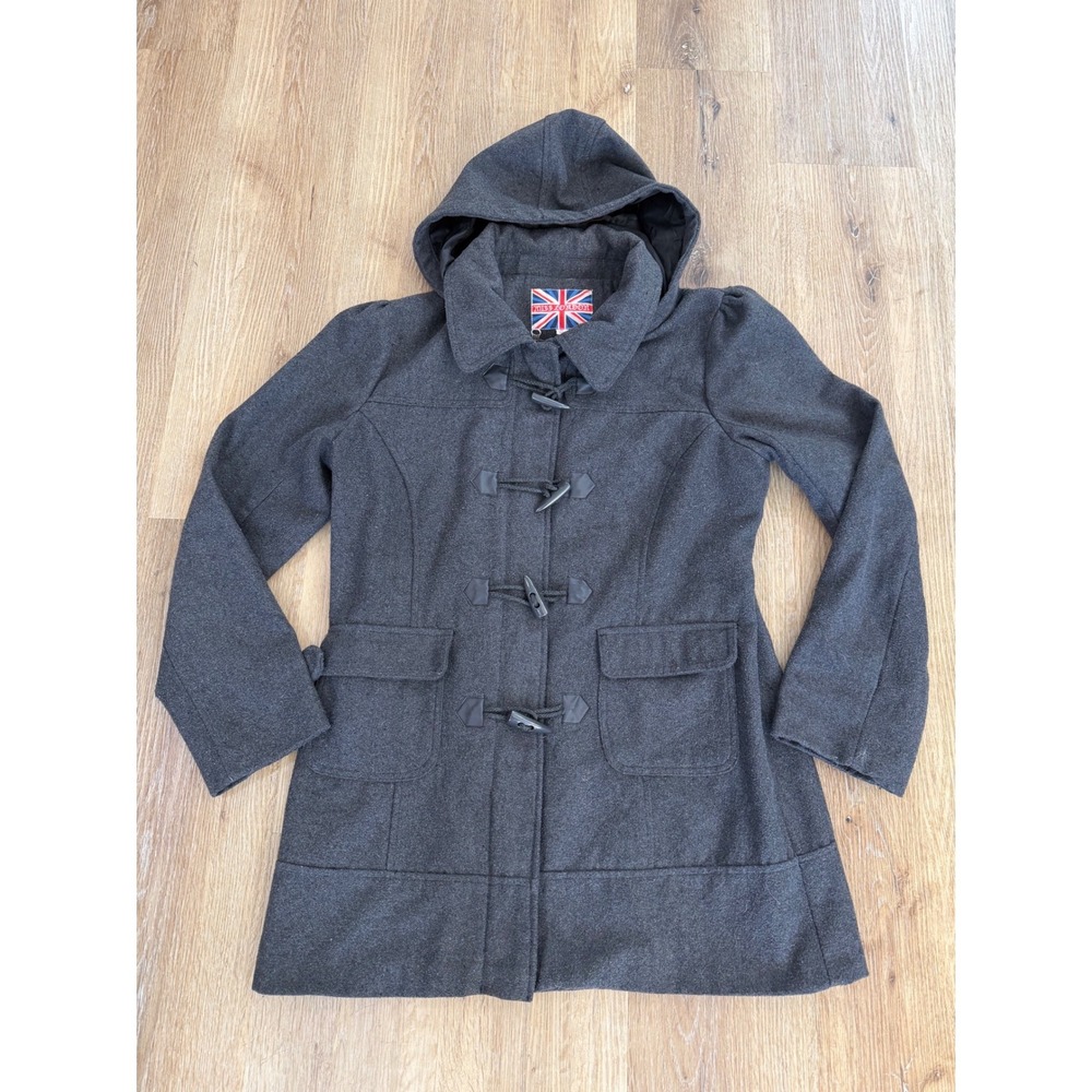 Miss London Preppy Duffle Coat Women XL Gray Wool Blend Hooded Toggle Mid Length